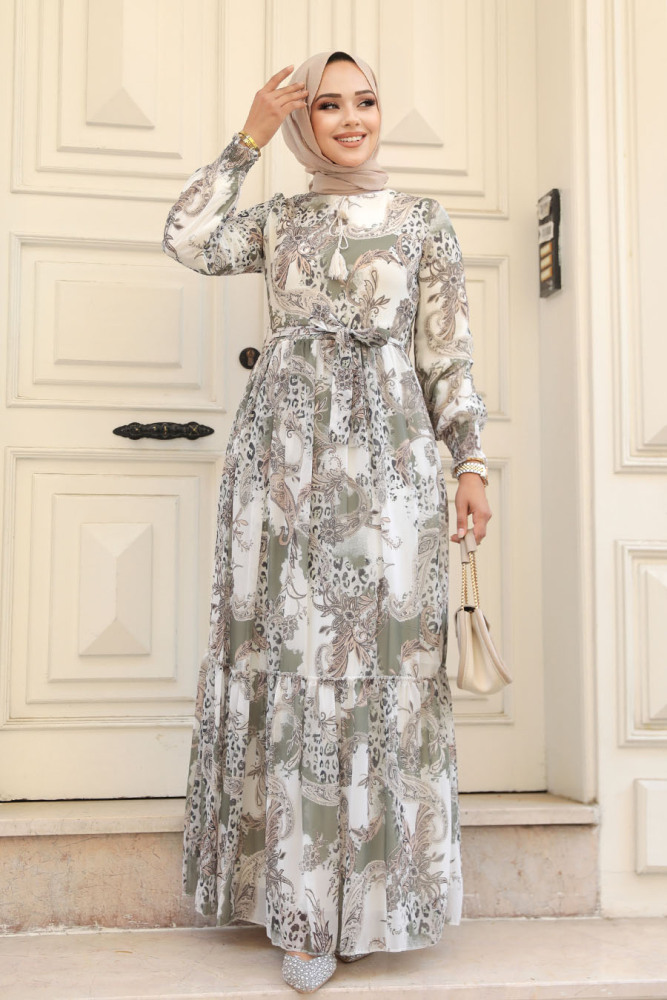 Neva Style - Desenli Haki Tesettür Elbise 33562HK - 2