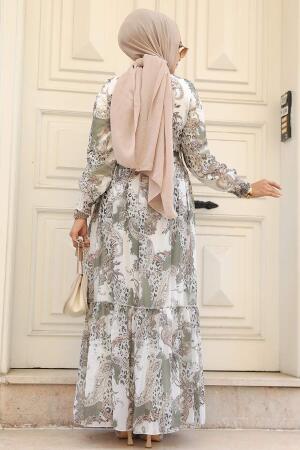 Neva Style - Desenli Haki Tesettür Elbise 33562HK - 4