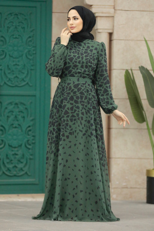  Desenli Haki Tesettür Elbise 39461HK - 3