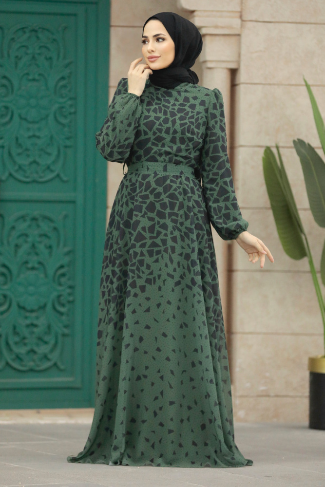  Desenli Haki Tesettür Elbise 39461HK - 3