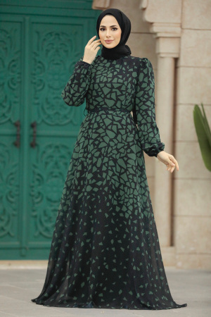  Desenli Haki Tesettür Elbise 39462HK - 2
