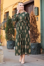 Neva Style - Desenli Haki Tesettür Elbise 5198HK - Thumbnail