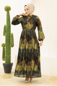 Neva Style - Desenli Haki Tesettür Elbise 76871HK - Thumbnail
