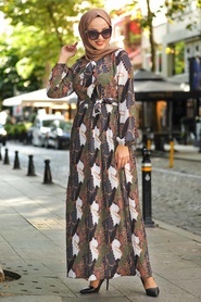 Neva Style - Desenli Haki Tesettür Elbise 8005HK - Thumbnail