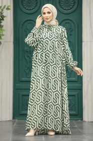 Neva Style - Desenli Haki Tesettür Elbise 8995HK - Thumbnail
