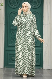 Neva Style - Desenli Haki Tesettür Elbise 8995HK - Thumbnail