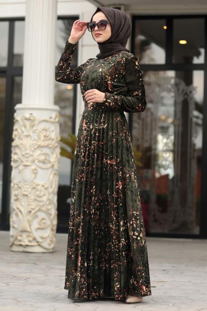 Neva Style - Desenli Haki Tesettür Kadife Elbise 1452HK - 1