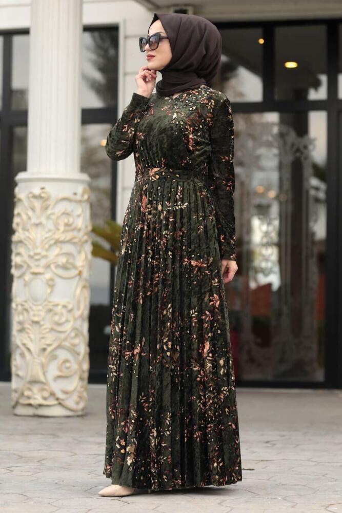 Neva Style - Desenli Haki Tesettür Kadife Elbise 1452HK - 2