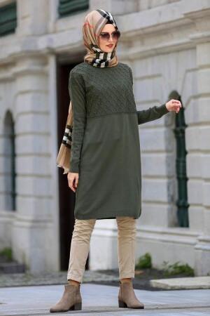 Neva Style - Desenli Haki Tesettür Triko Tunik 15071HK - 1
