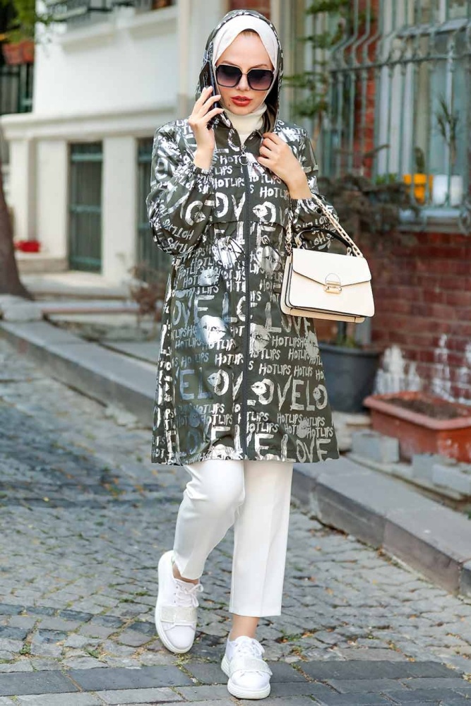 Neva Style - Desenli Haki Tesettür Yağmurluk Kap 8923HK - 2