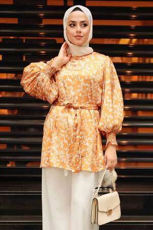 Neva Style - Desenli Hardal Tesettür Saten Tunik 2445HR - NEVA STYLE
