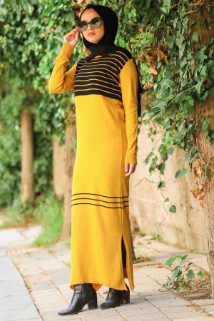 Neva Style - Desenli Hardal Tesettür Triko Elbise 15718HR - 1
