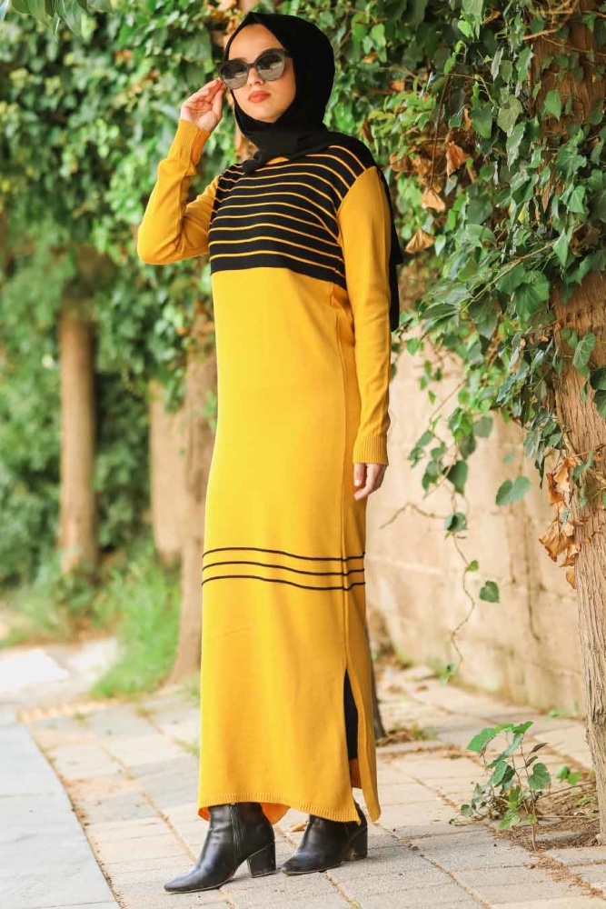 Neva Style - Desenli Hardal Tesettür Triko Elbise 15718HR - 1
