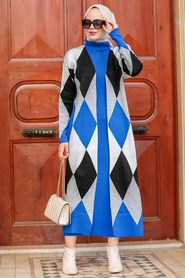 Neva Style - Desenli Hırkalı Sax Mavisi Tesettür Triko İkili Takım 3181SX - Thumbnail