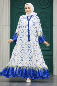 Neva Style - Desenli İndigo Mavisi Tesettür Elbise 10180IM - Thumbnail