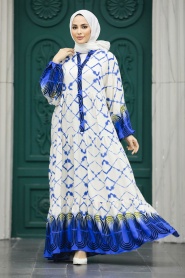 Neva Style - Desenli İndigo Mavisi Tesettür Elbise 10180IM - Thumbnail