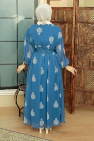 Neva Style - Desenli İndigo Mavisi Tesettür Elbise 10437IM - Thumbnail
