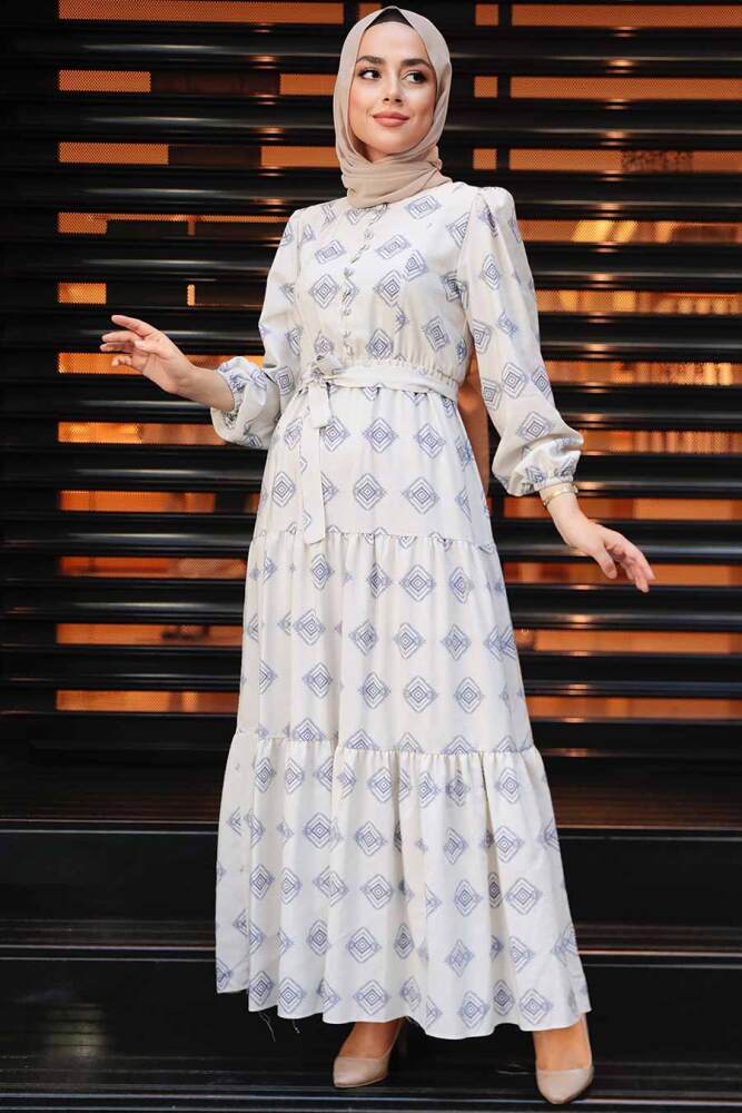 Neva Style - Desenli İndigo Mavisi Tesettür Elbise 11229IM - 2