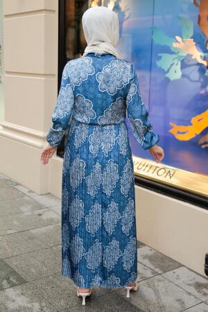 Neva Style - Desenli İndigo Mavisi Tesettür Elbise 1191IM - 3