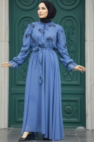 Neva Style - Desenli İndigo Mavisi Tesettür Elbise 12170IM - Thumbnail