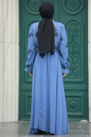 Neva Style - Desenli İndigo Mavisi Tesettür Elbise 12170IM - Thumbnail