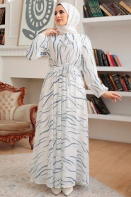 Neva Style - Desenli İndigo Mavisi Tesettür Elbise 12302IM - Thumbnail
