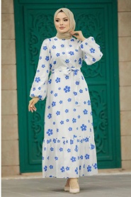 Neva Style - Desenli İndigo Mavisi Tesettür Elbise 13461IM - Thumbnail