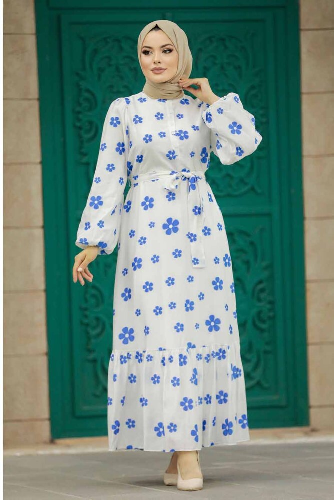 Neva Style - Desenli İndigo Mavisi Tesettür Elbise 13461IM - 2
