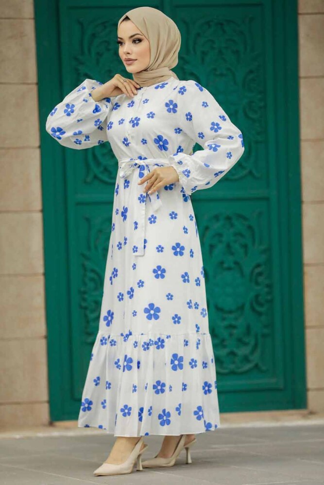 Neva Style - Desenli İndigo Mavisi Tesettür Elbise 13461IM - 1