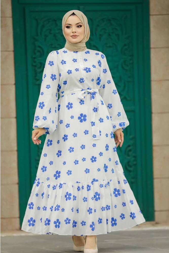 Neva Style - Desenli İndigo Mavisi Tesettür Elbise 13461IM - 3