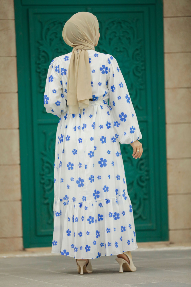Neva Style - Desenli İndigo Mavisi Tesettür Elbise 13461IM - 4