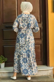 Neva Style -Desenli İndigo Mavisi Tesettür Elbise 1800IM - Thumbnail
