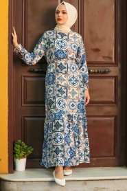 Neva Style -Desenli İndigo Mavisi Tesettür Elbise 1800IM - Thumbnail