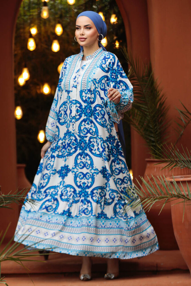  Desenli İndigo Mavisi Tesettür Elbise 18231IM - 3