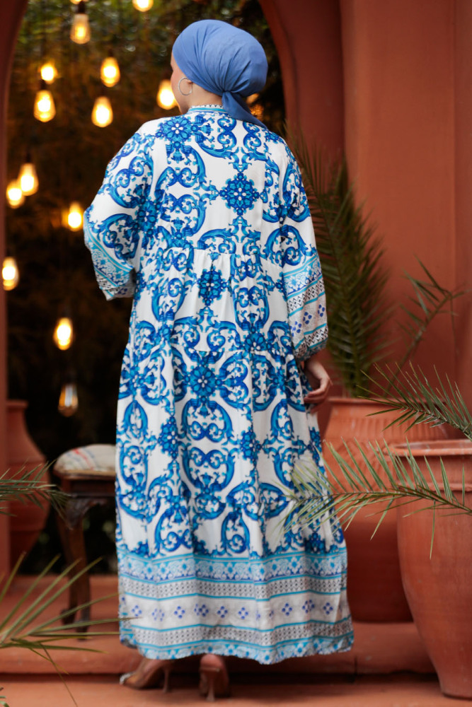  Desenli İndigo Mavisi Tesettür Elbise 18231IM - 5