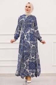 Neva Style - Desenli İndigo Mavisi Tesettür Elbise 27615IM - Thumbnail