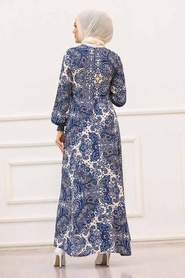 Neva Style - Desenli İndigo Mavisi Tesettür Elbise 27615IM - Thumbnail