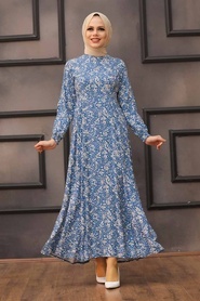 Neva Style - Desenli İndigo Mavisi Tesettür Elbise 27618IM - Thumbnail