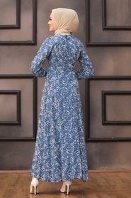 Neva Style - Desenli İndigo Mavisi Tesettür Elbise 27618IM - Thumbnail