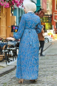 Neva Style - Desenli İndigo Mavisi Tesettür Elbise 27890IM - Thumbnail