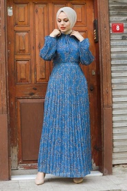 Neva Style - Desenli İndigo Mavisi Tesettür Elbise 27890IM - Thumbnail