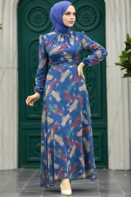 Neva Style - Desenli İndigo Mavisi Tesettür Elbise 27930IM - Thumbnail