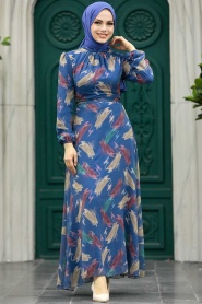 Neva Style - Desenli İndigo Mavisi Tesettür Elbise 27930IM - Thumbnail