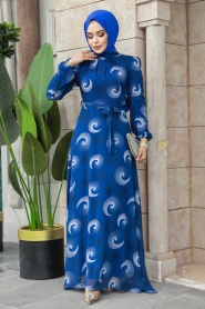 Neva Style - Desenli İndigo Mavisi Tesettür Elbise 27945IM - Thumbnail