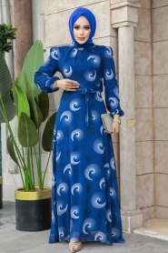 Neva Style - Desenli İndigo Mavisi Tesettür Elbise 27945IM - Thumbnail