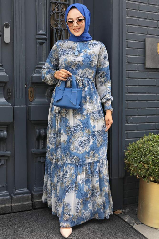 Neva Style - Desenli İndigo Mavisi Tesettür Elbise 33560IM - 2
