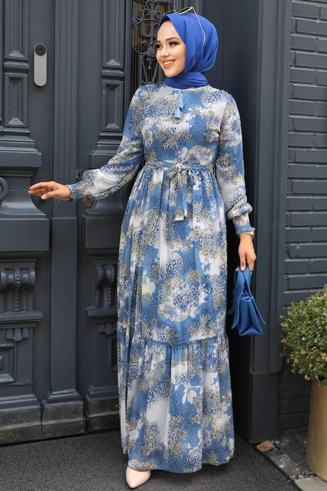 Neva Style - Desenli İndigo Mavisi Tesettür Elbise 33560IM - 3