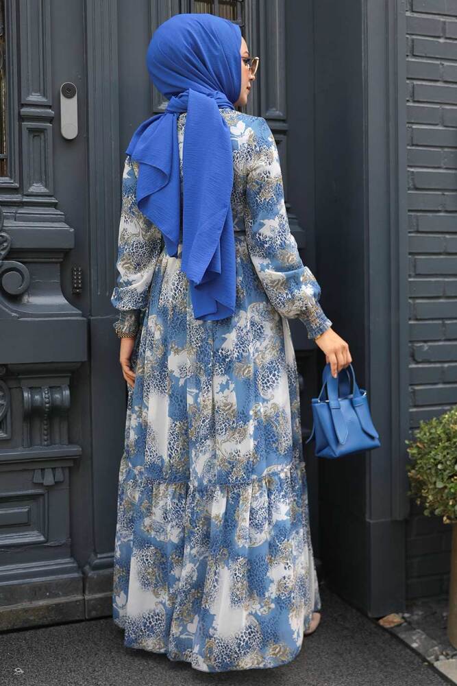 Neva Style - Desenli İndigo Mavisi Tesettür Elbise 33560IM - 4