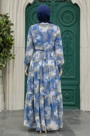 Neva Style - Desenli İndigo Mavisi Tesettür Elbise 33560IM - Thumbnail