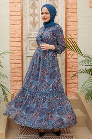 Neva Style - Desenli İndigo Mavisi Tesettür Elbise 3356IM - Thumbnail